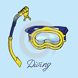 Blue and yellow diving mask and snorkel, hand drawn doodle sketch with inscription, isolated vector illustration
