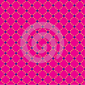 Blue and yellow dots on a pink background