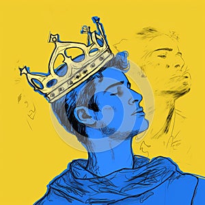 Blue And Yellow Drawing Of A Crowned Male In Matt Bors Style