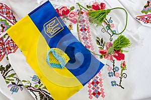 Blue-yellow flag of Ukraine and part of an embroidered shirt