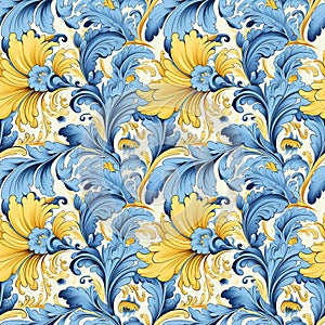 A blue and yellow floral pattern with swirls and leaves. Seamless pattern. AI