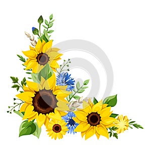 Blue and yellow flowers. Floral corner design element. Vector illustration