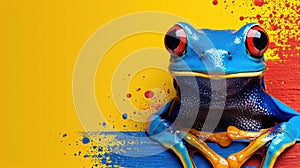 A blue and yellow frog sitting on a wooden post, AI