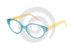 Blue-yellow glasses on white background