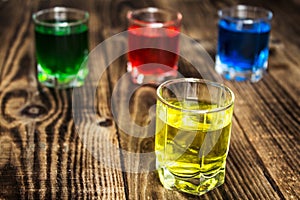 Blue yellow green red alcohol shot drinks