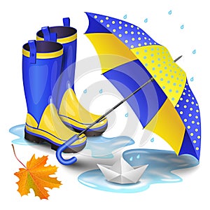 Blue-yellow gumboots, children umbrella, falling orange leaves