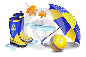 Blue-yellow gumboots,childrens umbrella, toy ball, falling leaves