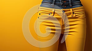 Blue and yellow jeans are worn one on top of the other on women's hips on yellow background. Fashion and retail