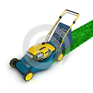 Blue and yellow lawnmower with grass