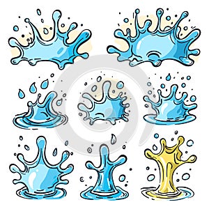 Blue yellow liquid splashes cartoon set isolated white background. Colorful water splash vector