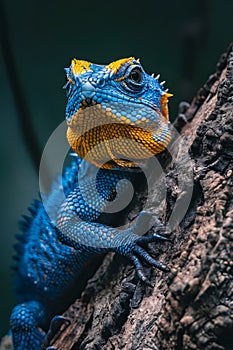 A blue and yellow lizard sitting on a tree branch. Generative AI