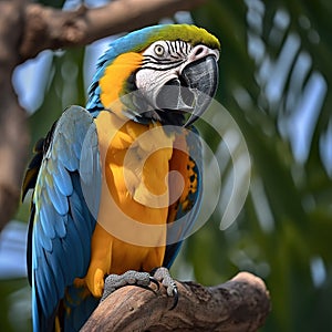 Blue and yellow macaw. Beautiful blue and gold macaw bird perched in a tree.