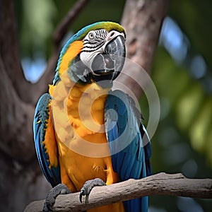 Blue and yellow macaw. Beautiful blue and gold macaw bird perched in a tree.