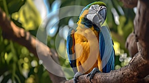 Blue and yellow macaw. Beautiful blue and gold macaw bird perched in a tree.