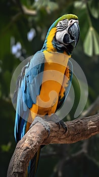 Blue and yellow macaw. Beautiful blue and gold macaw bird perched in a tree.