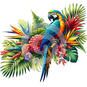 Blue and Yellow Macaw bird with tropical plants and flowers