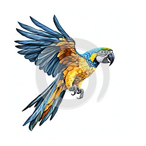 Blue and yellow macaw isolated on white background, created with generative AI