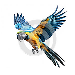 Blue and yellow macaw isolated on white background, created with generative AI