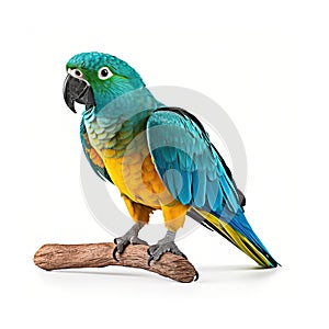 Blue and yellow macaw isolated on white background, created with generative AI