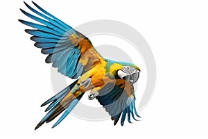 A Blue-and-yellow macaw isolated on white background. Generate Ai