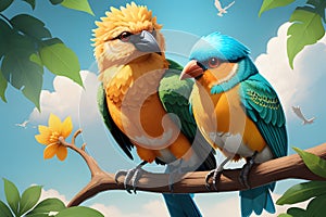 Blue and yellow macaw parrot love birds sitting on a branch of a tree love birds illustration, Generative AI
