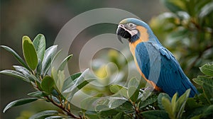 A blue and yellow macaw parrot is perched on a tree branch