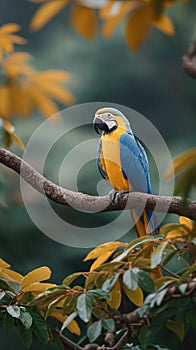 A blue and yellow macaw parrot is perched on a tree branch
