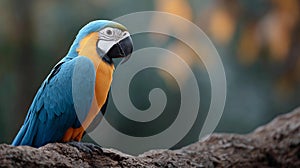 A blue and yellow macaw parrot is perched on a tree branch