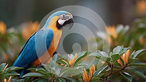 A blue and yellow macaw parrot is perched on a tree branch