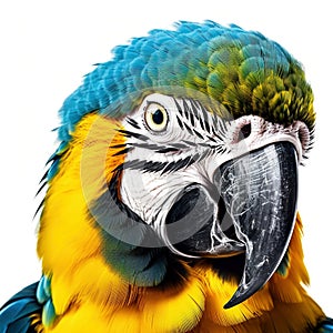 Blue and yellow macaw portrait isolated on white background, created with generative AI