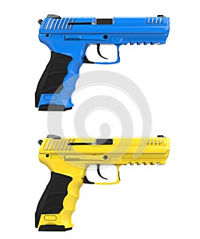 Blue and yellow modern semi automatic handguns
