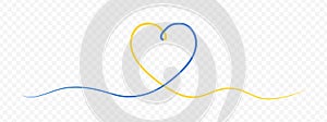 Blue yellow one line drawing heart in Ukraine flag colors. Continuous one line drawing of heart ribbon isolated on transparent