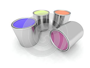 Blue, yellow, orange and purple paint cans