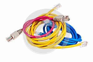 Blue, yellow and pink patch cords.