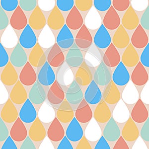 Blue yellow pink water drop seamless pattern, large drop rain flat background for textile decoration and wrapping paper design