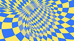 Blue and yellow psychedelic optical illusion. Abstract hypnotic diamond animated background. Wallpaper with rhombus