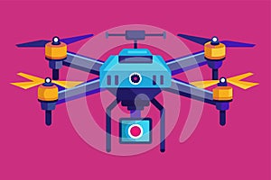 A blue and yellow remote controlled helicopter is displayed on a pink background, Drone Customizable Semi Flat Illustration