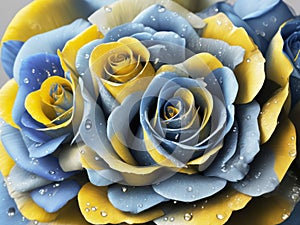 Blue and yellow roses glistening with water droplets