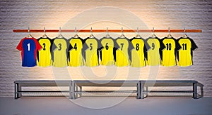 Blue and Yellow Row of Football Shirts 1-11