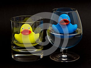Blue and yellow rubber duck in glasses