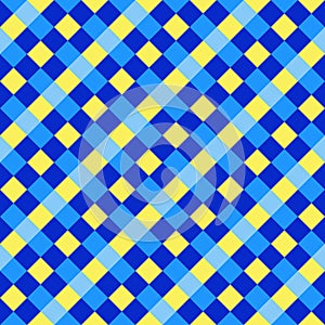 Blue Yellow Seamless Diagonal French Checkered Pattern. Inclined Colorful Fabric Check Pattern Background. 45 degrees Classic