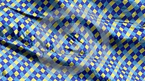 Blue yellow small diagonal french checkered pattern textile fabric slow waving on the wind background. Little inclined colorful