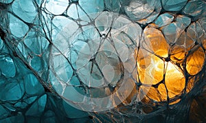 A blue and yellow spider web with a yellow light in the center