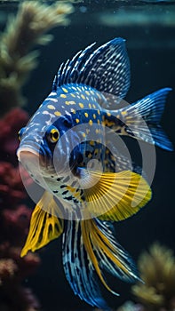 Blue and Yellow Spotted Fish in Aquarium.