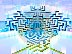 Blue white three dimensional maze structure
