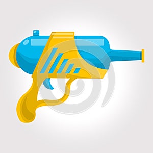 Blue and yellow toy cosmic water gun on a white background.