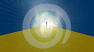 Blue and yellow tunnel, the Ukrainian flag,  with a bright light at the end as metaphor to hope
