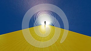 Blue and yellow tunnel, the Ukrainian flag, with a bright light at the end as metaphor to hope, faith,