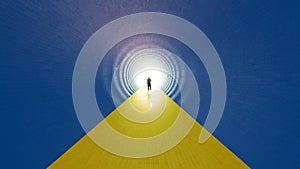 Blue and yellow tunnel, the Ukrainian flag,  with a bright light at the end as metaphor to hope, faith