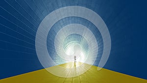 Blue and yellow tunnel, the Ukrainian flag,  with a bright light at the end as metaphor to hope, faith